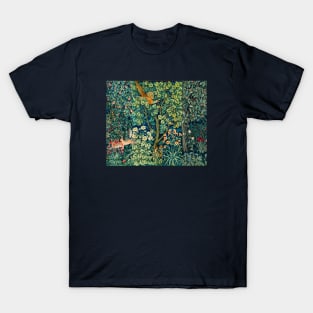 GREENERY,FOREST ANIMALS Pheasant on Tree,Squirrel,Hares,Blue Green Floral Tapestry T-Shirt